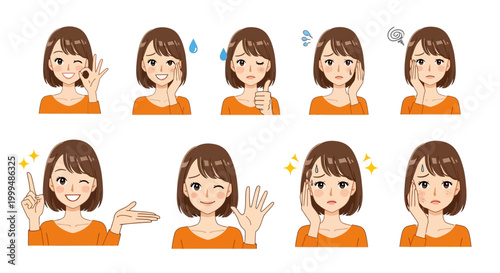 Collection of diverse facial expressions of a young woman displaying various emotions and gestures, perfect for graphic design and communication