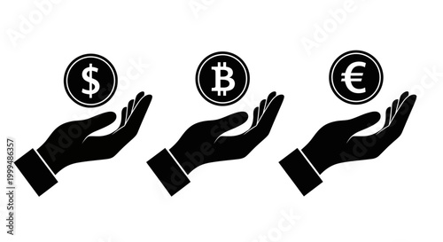 Conceptual illustration of hands holding cryptocurrency, dollars, and euros, representing financial transactions and digital assets