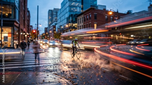 Cyclist rides down wet city street at dusk with blurred traffic and pedestrians
