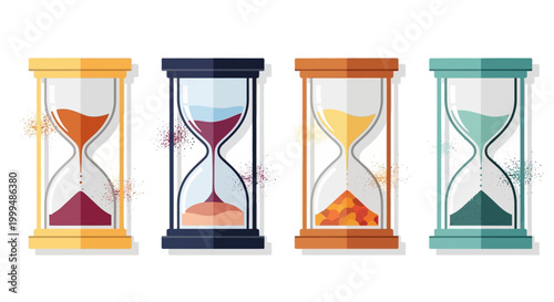 Time management concept illustration with four colorful hourglasses representing passing time and urgency