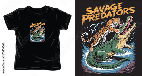 Savage predators leopard fighting alligator in water splash during lightning storm.