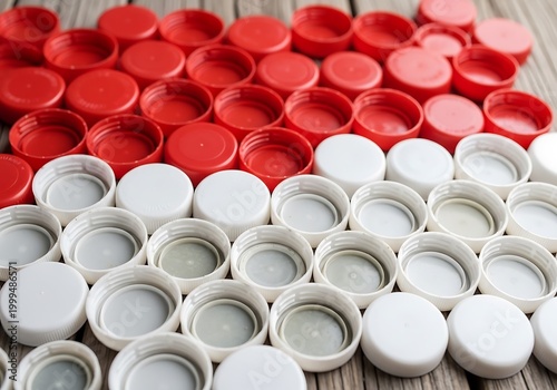 Red and white plastic bottle caps arranged on a wooden background