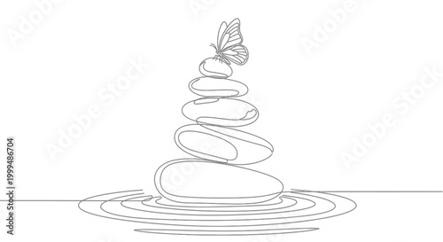 Canvas Print Continuous line art of stacked zen stones with a butterfly and water ripples