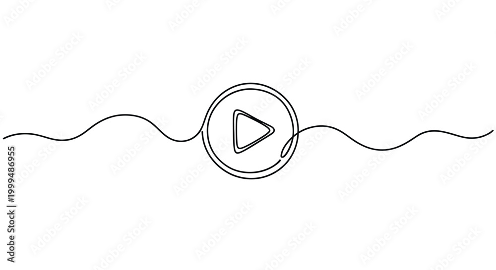 Fototapeta premium Play button icon on wavy line continuous line art media symbol