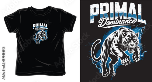 Primal dominance jumping black panther t-shirt design with lightning strike effects and bold athletic lettering graphic.