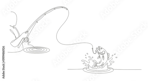 Fisherman catching jumping fish continuous line art outdoor activity
