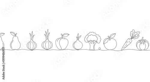 Fresh vegetables and fruits row continuous line art healthy food border