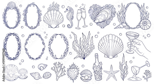 Collection of elegant marine-themed decorative elements and illustrations for design projects