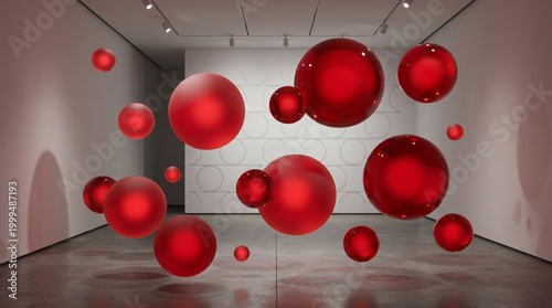 A mesmerizing display of floating red spheres fills the modern art gallery space with dynamic energy and vibrant colors.