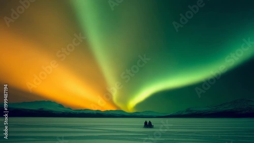 A stunning aurora borealis illuminates the night sky over a frozen landscape. Two people witness the vibrant, dancing lights in a serene, cold environment.