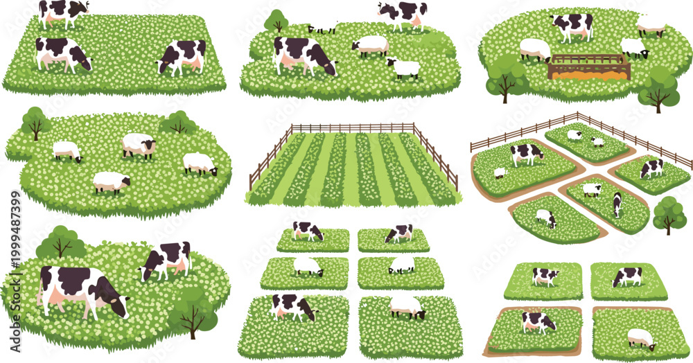Fototapeta premium Farm Cow Sheep Grazing Green Clover Field Pasture Fence Tree Isometric Vector Illustration Set
