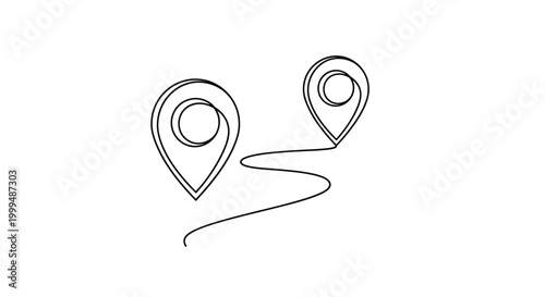 Destination location pins with path continuous line art illustration