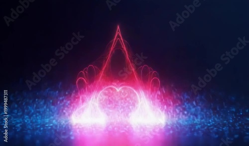 Vibrant neon light forms an abstract glowing symbol. Dynamic particles and pulsating colors create an energetic display.