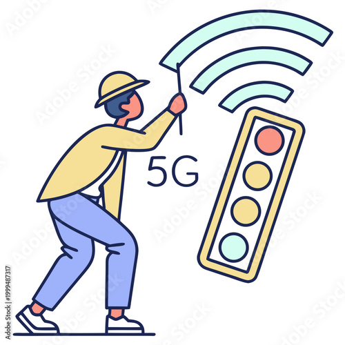 Man painting 5g signal on traffic light