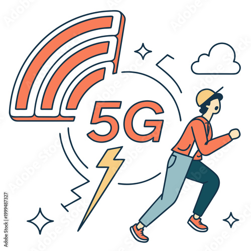 Man running with 5g signal and lightning