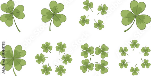 Green Three Four Leaf Clover Shamrock Lucky Symbol Pattern Arrangement Flat Vector Illustration Set Collection