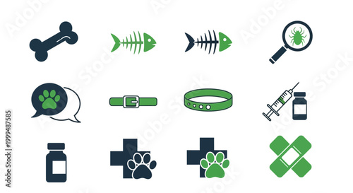 Modern flat vector icon set depicting essential veterinary services, pet care elements, and animal health supplies, perfect for clinic branding and educational resources