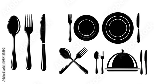 Collection of elegant black and white silhouettes featuring cutlery, plates, and a cloche, perfect for culinary and hospitality themes