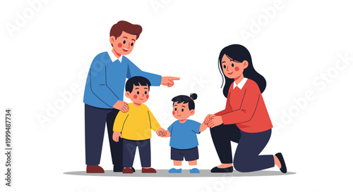 Family illustration of a man and woman guiding two young boys outdoors