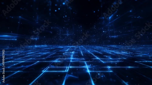 Blue digital grid floor moving forward in infinite cyberspace with glowing particles scattered in dark background for high tech visualization of data streaming and futuristic networking environment.