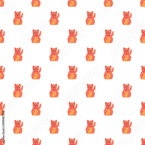 Maneki neko cats with raised paws creating a repetitive lucky charm background