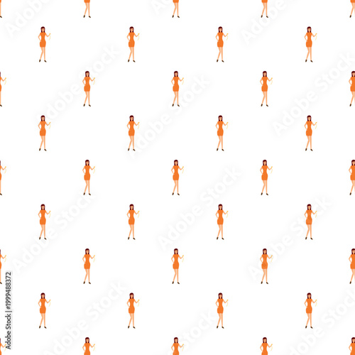 Stylized woman wearing an orange dress and holding a necklace creating a repeating pattern