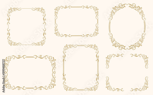 Set of elegant golden ornamental frames in vintage style. Collection includes decorative borders with floral swirl elements in square, rectangle, and round shapes
