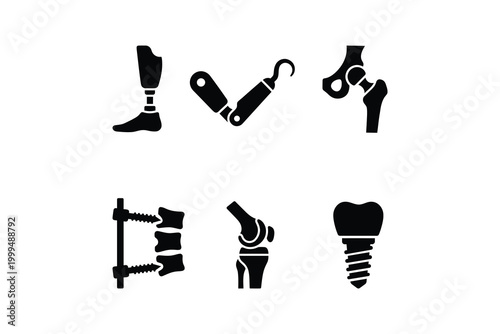 Medical Prosthetics and Orthopedic Implants Black Silhouette Design Set With Leg Prosthesis Knee Joint and Dental Implant