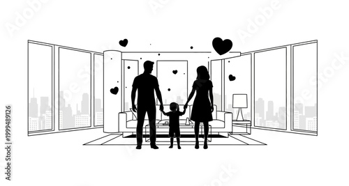 Family silhouette in living room with hearts on transparent background