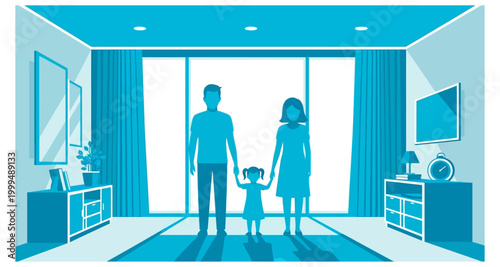 Family silhouette in living room on transparent background