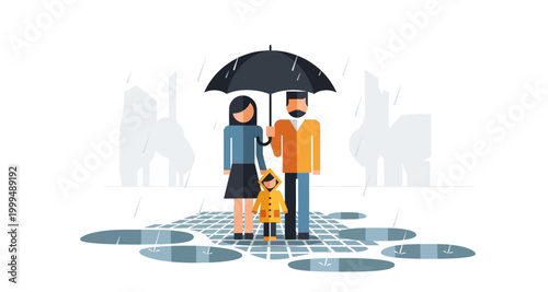 Family with umbrella in rainy weather flat vector illustration on transparent background