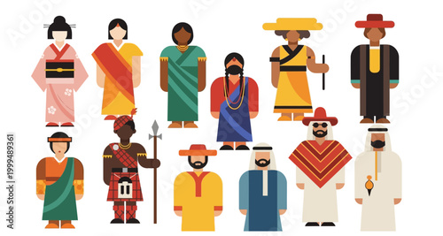 Diverse group of people in traditional clothing flat vector illustration on transparent background