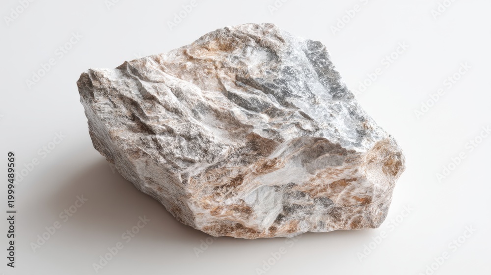 Obraz premium Rough natural grey granite stone isolated on plain white background. Solid mineral rock specimen for construction and architecture texture. Geology study sample with textured surface detail.