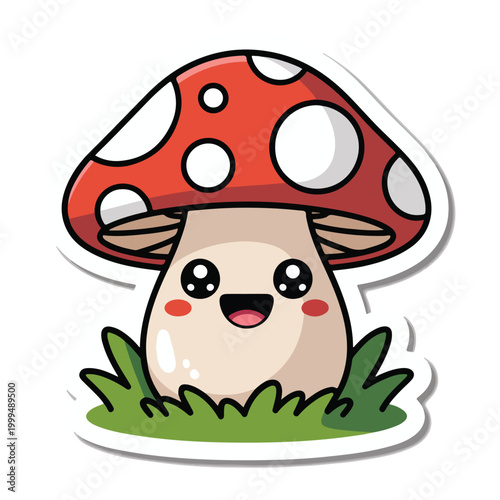 Cute cartoon mushroom, smiling fungus sticker, red cap with white spots, green grass