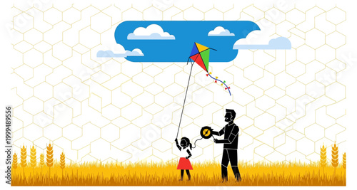 Silhouette of child flying a kite with parent on transparent background