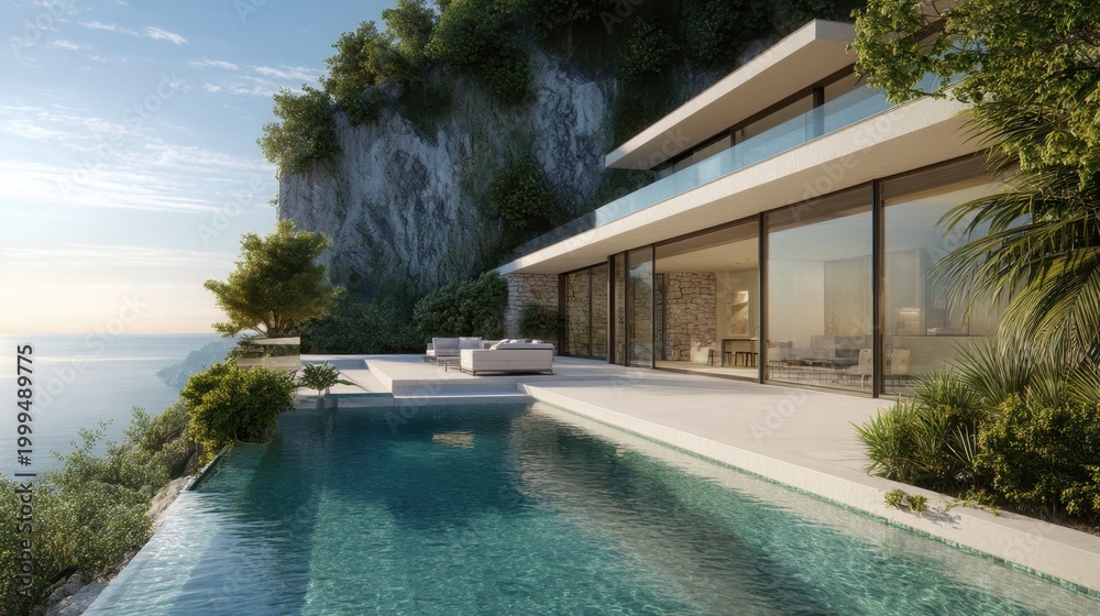 Naklejka premium Luxury modern mansion with infinity pool overlooking ocean cliffside. Contemporary architectural villa exterior with terrace and sea view. High end vacation home and travel destination.