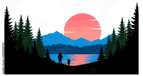Silhouette of father and child fishing by lake with mountains on transparent background