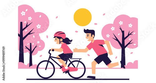 Couple exercising outdoors with bicycle vector illustration on transparent background