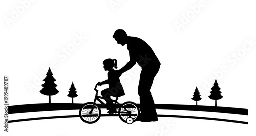 Father teaching daughter to ride bicycle silhouette on transparent background