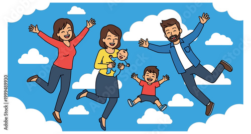 Schilderij op canvas Happy family jumping and waving on transparent background
