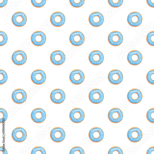 Blue glazed donuts with white sprinkles repeating in a continuous tile