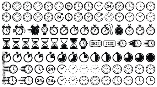 Time and clock icons set, stopwatch, timer, time management concept, loading bar icons, progress bar loading signs, download progress icons, fast stopwatch line icon, watch icon, speed clock symbol