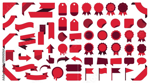 Red promo sticker set, sale or discount sticker, tag and price labels, starburst promotional badge shopping labels, coupon sale banners, adhesive offer stickers