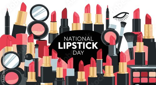 Vibrant makeup products displayed for National Lipstick Day celebration indoors