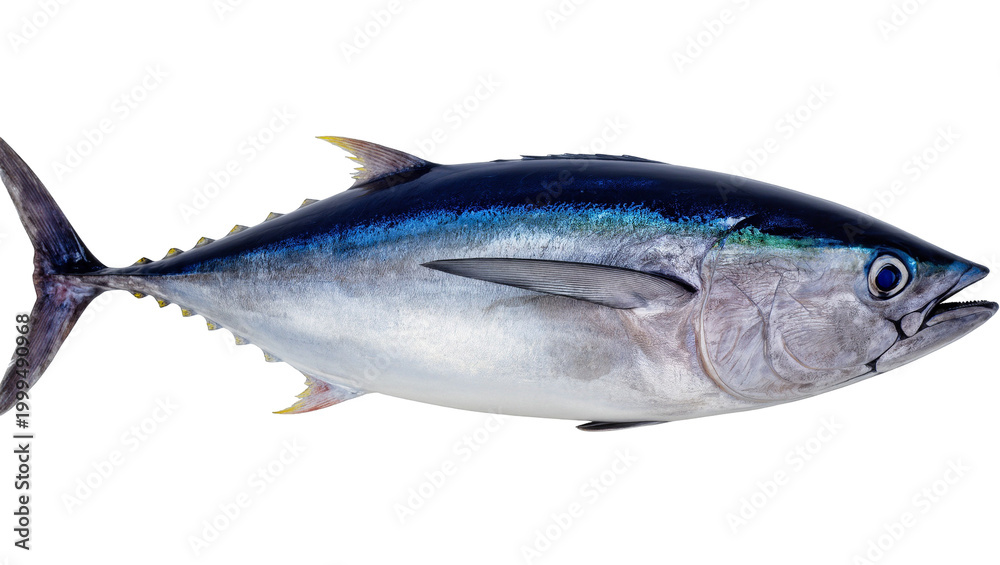 Fototapeta premium Fresh Bluefin Tuna Fish Side View with Silver Fins and Dark Tail