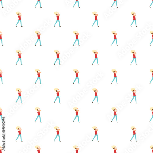 Worker carrying a heavy sack on his shoulders walking in a seamless pattern