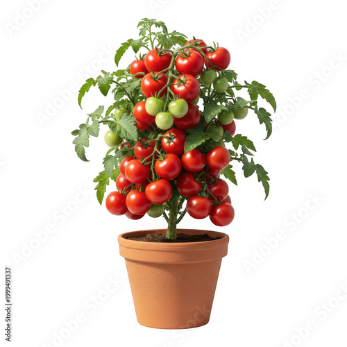 Potted tomato plant with red and green tomatoes isolated on a transparent background