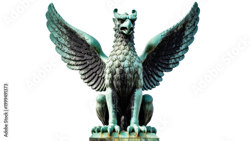 Vászonkép Bronze Griffin Statue with Spread Wings Perched on Stone Base