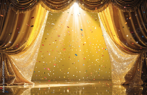 Gold curtains with falling confetti on stage for celebration performance