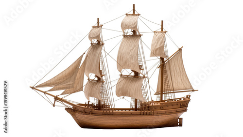 Photos Wooden Antique Sailing Ship Model with Rolled Canvas Sails